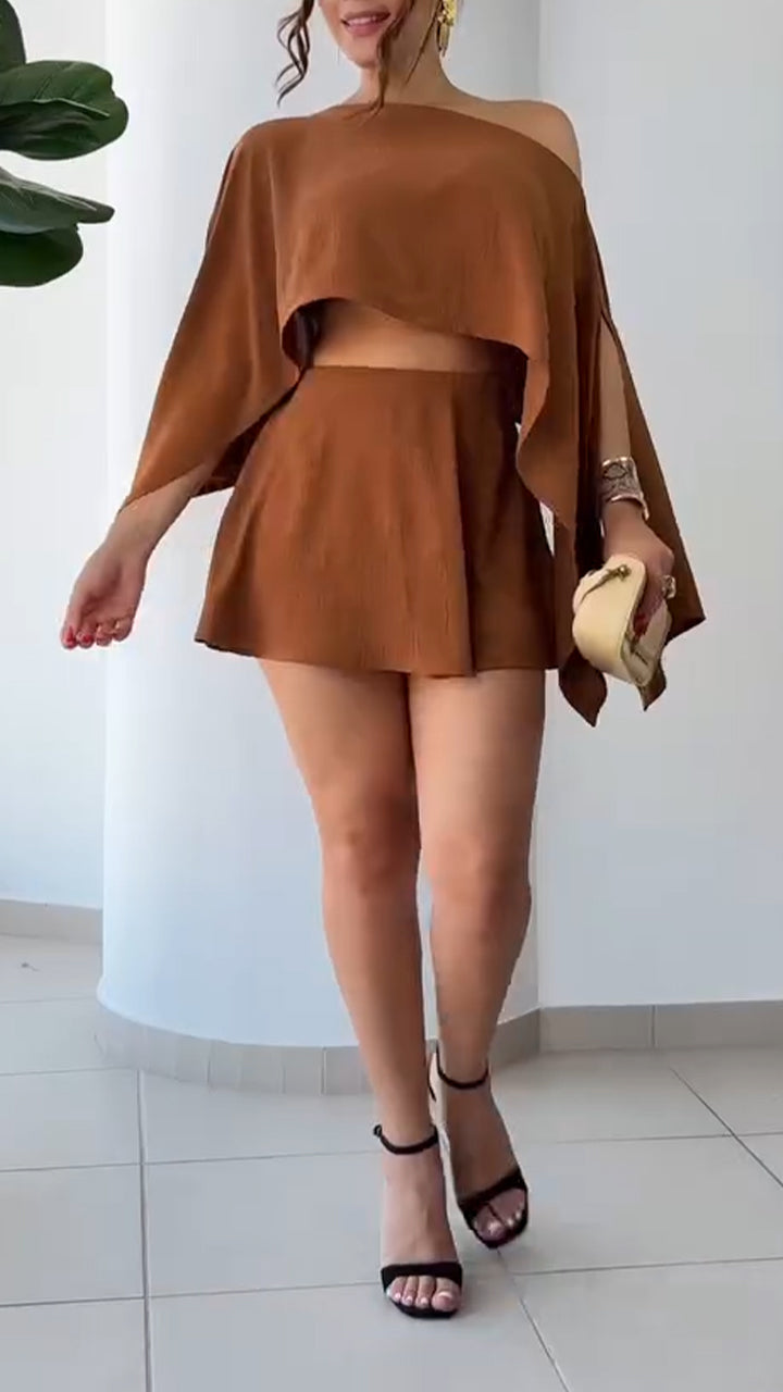 Ladies' Oblique Neck Solid Color Multiple Wearing Styles Top+ Skirt Casual Set - MYSTERYBOXS