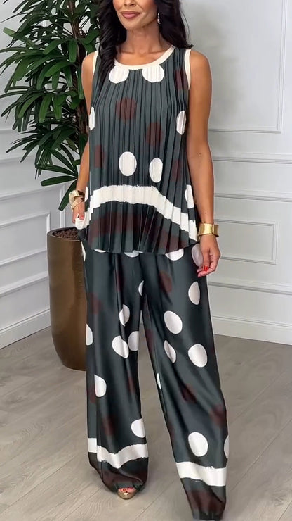 Ladies' Round Neck Polka Dot Pleated Top+ Pants Leisure Suit - MYSTERYBOXS