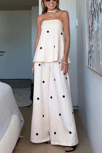 Women's Classic Polka Dot Tube Top Wide Leg Pants Set - MYSTERYBOXS
