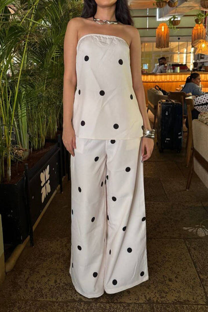 Women's Classic Polka Dot Tube Top Wide Leg Pants Set - MYSTERYBOXS