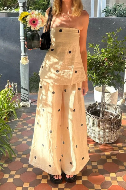 Women's Classic Polka Dot Tube Top Wide Leg Pants Set - MYSTERYBOXS