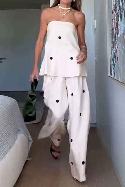 Women's Classic Polka Dot Tube Top Wide Leg Pants Set - MYSTERYBOXS