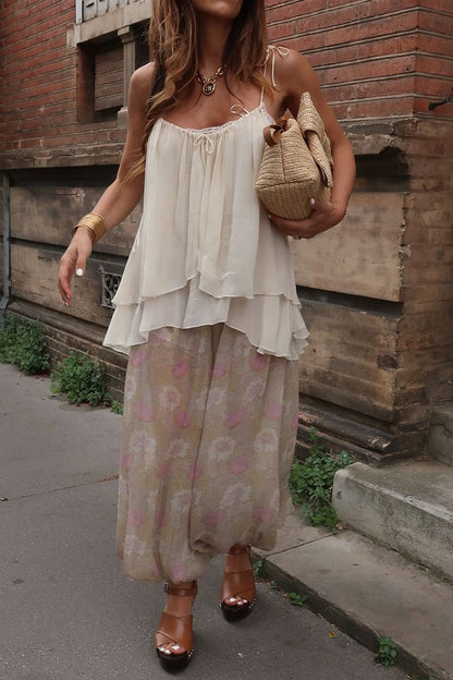 Women's Casual Vacation V-neck Camisole Vintage Print Loose Pants Set - MYSTERYBOXS