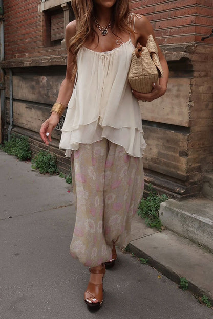 Women's Casual Vacation V-neck Camisole Vintage Print Loose Pants Set - MYSTERYBOXS