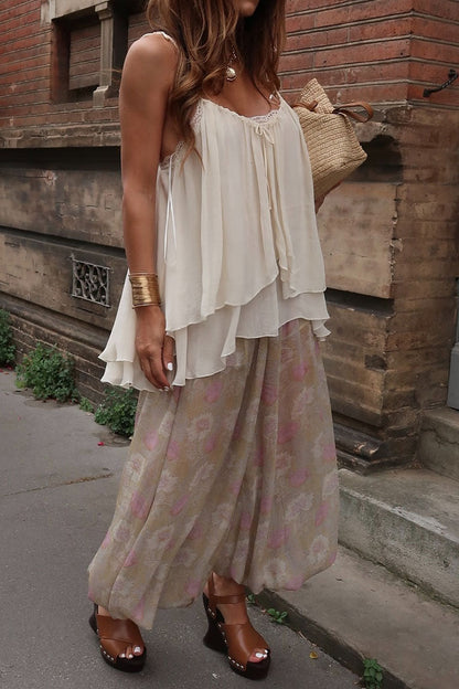 Women's Casual Vacation V-neck Camisole Vintage Print Loose Pants Set - MYSTERYBOXS
