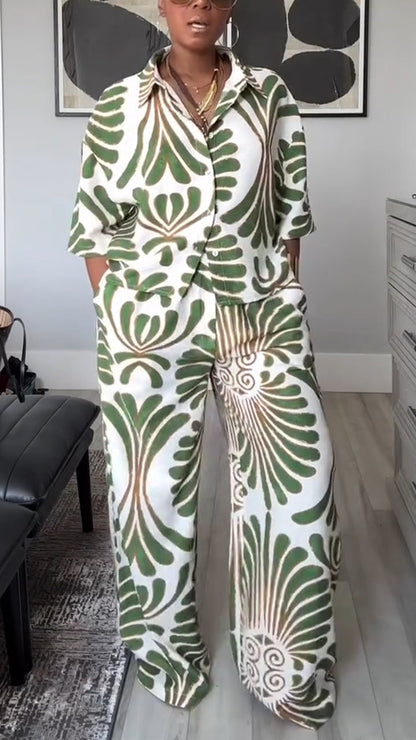 Ladies' Collar Printed Top + Pants Casual Set - MYSTERYBOXS