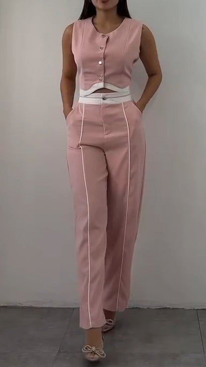 Ladies' Round Neck Short Top+ Pants with A Casual Temperament Suit - MYSTERYBOXS