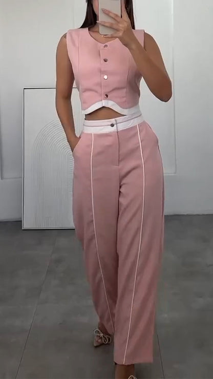 Ladies' Round Neck Short Top+ Pants with A Casual Temperament Suit - MYSTERYBOXS