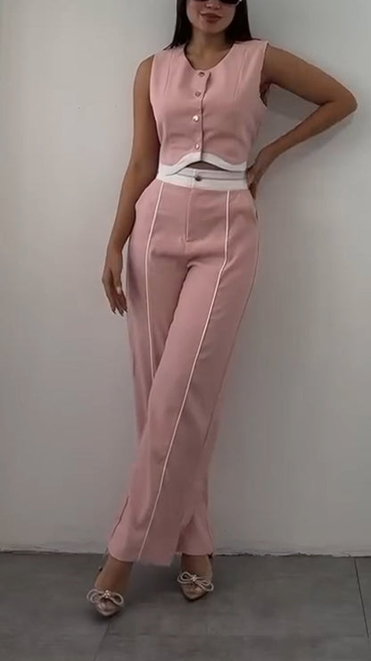 Ladies' Round Neck Short Top+ Pants with A Casual Temperament Suit - MYSTERYBOXS