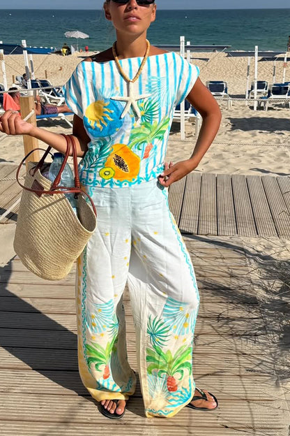 Ladies' One Word Collar Printed Top + Pants Vacation Play Style Casual Set - MYSTERYBOXS