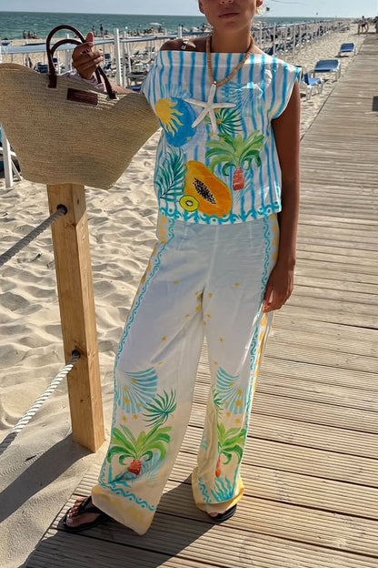 Ladies' One Word Collar Printed Top + Pants Vacation Play Style Casual Set - MYSTERYBOXS