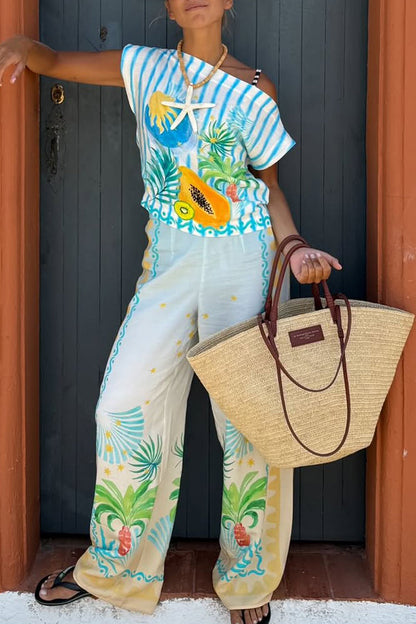 Ladies' One Word Collar Printed Top + Pants Vacation Play Style Casual Set - MYSTERYBOXS