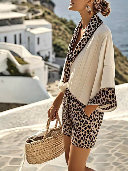 Ladies' V-neck Patchwork Leopard Print Casual Set - MYSTERYBOXS