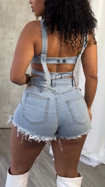 Women's Y2k Sexy Denim Top and Cutout Shorts Set - MYSTERYBOXS