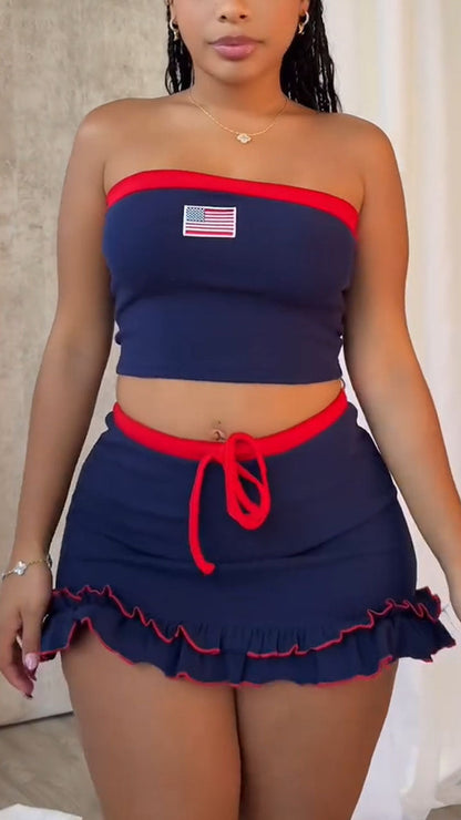 Women's Spring/Summer Sportswear American Flag Tube Top and Skirt Set - MYSTERYBOXS