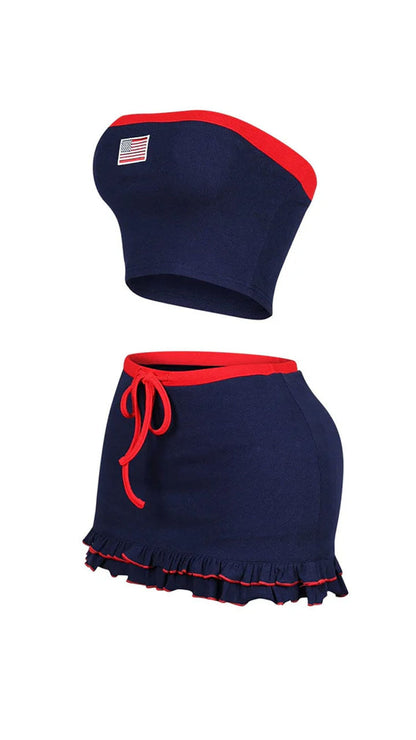 Women's Spring/Summer Sportswear American Flag Tube Top and Skirt Set - MYSTERYBOXS