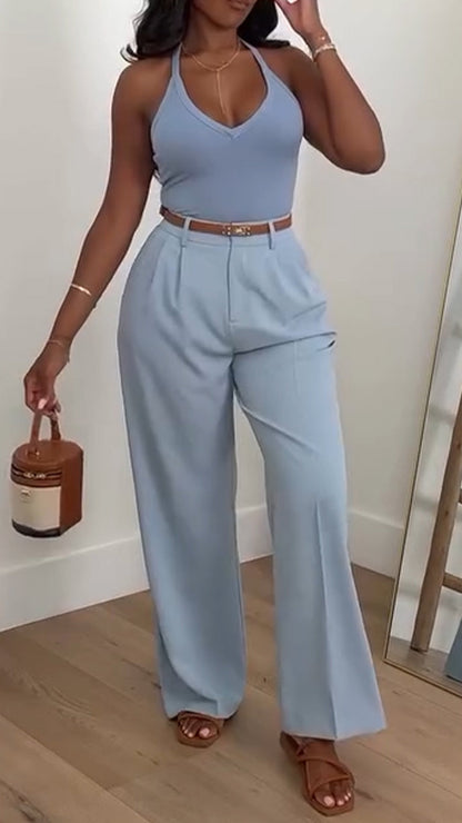 Ladies' Neck Hanging Solid Color Top+Pants Casual Set - MYSTERYBOXS