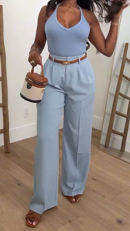 Ladies' Neck Hanging Solid Color Top+Pants Casual Set - MYSTERYBOXS