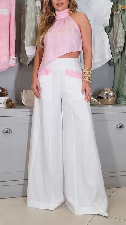 Ladies' Round Neck Hollow Irregular Top+ Pants Casual Suit - MYSTERYBOXS