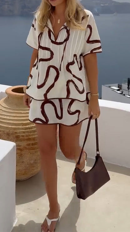Ladies' Collar Patterned Top+ Skirt Casual Set - MYSTERYBOXS