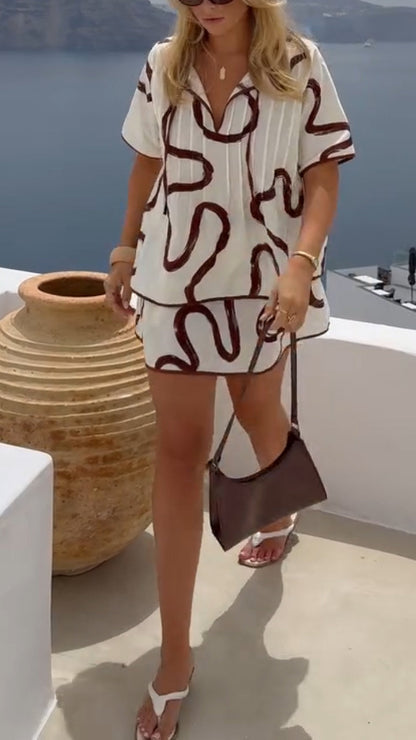 Ladies' Collar Patterned Top+ Skirt Casual Set - MYSTERYBOXS
