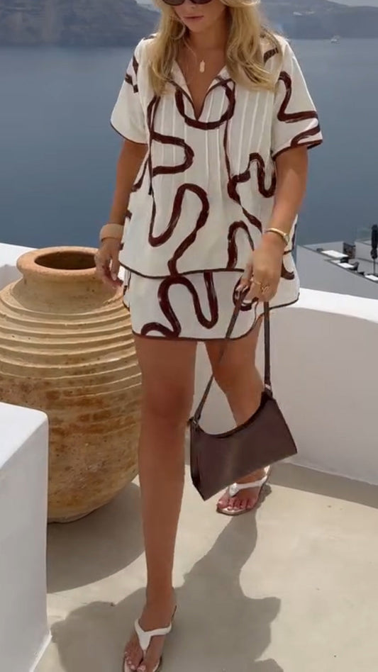 Ladies' Collar Patterned Top+ Skirt Casual Set