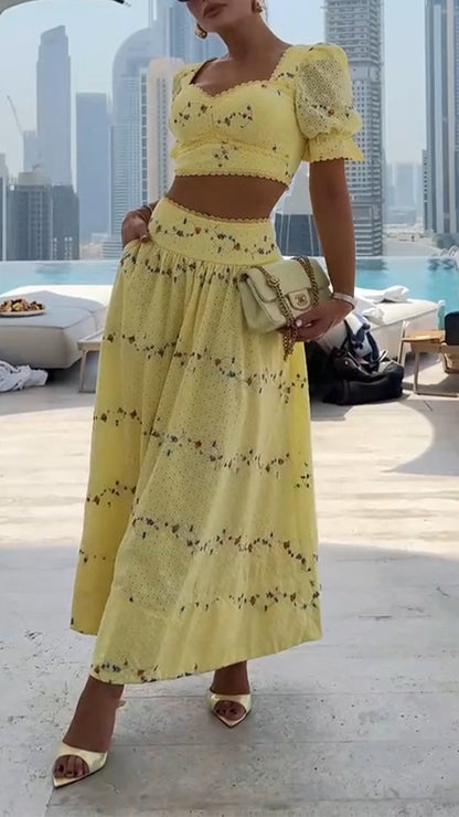 Ladies' Square Collar Printed Top+ Skirt Elegant Casual Set - MYSTERYBOXS