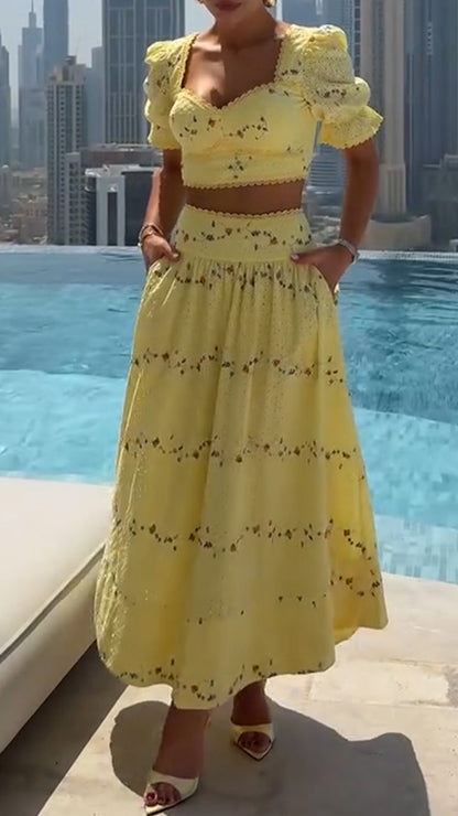Ladies' Square Collar Printed Top+ Skirt Elegant Casual Set - MYSTERYBOXS