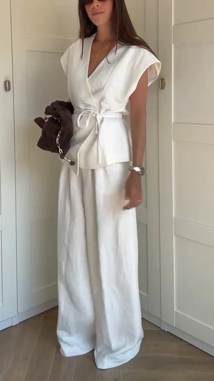Ladies' V-neck Waist Cinched Top+ Pants Solid Color Temperament Casual Suit - MYSTERYBOXS