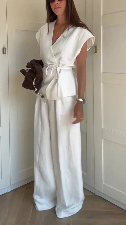 Ladies' V-neck Waist Cinched Top+ Pants Solid Color Temperament Casual Suit - MYSTERYBOXS