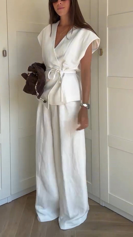 Ladies' V-neck Waist Cinched Top+ Pants Solid Color Temperament Casual Suit