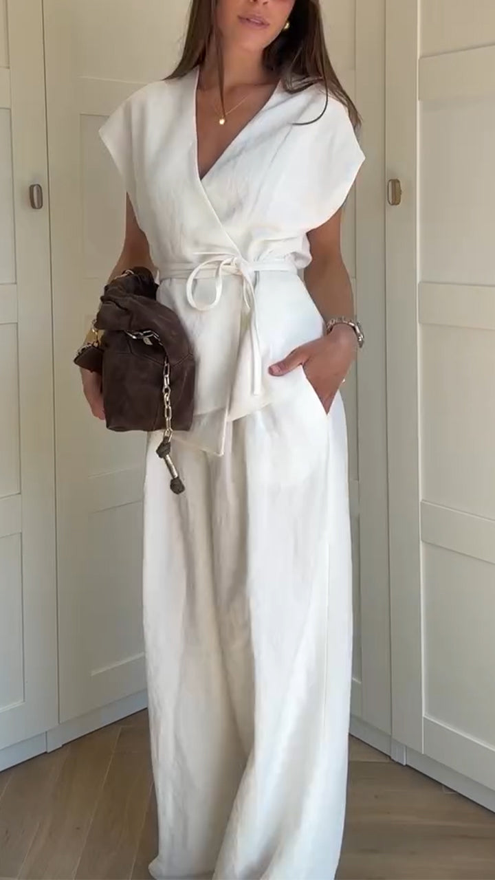 Ladies' V-neck Waist Cinched Top+ Pants Solid Color Temperament Casual Suit - MYSTERYBOXS