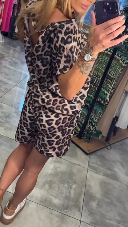 Ladies' Slanted Neck Leopard Print Top+ Shorts Casual Set - MYSTERYBOXS