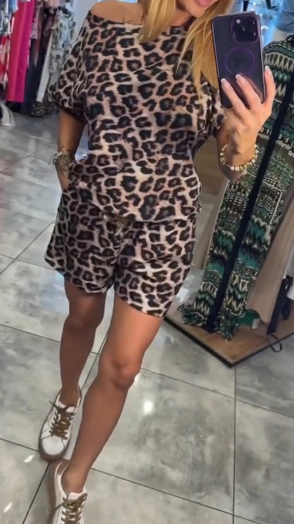 Ladies' Slanted Neck Leopard Print Top+ Shorts Casual Set - MYSTERYBOXS
