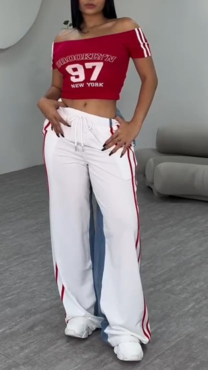 Ladies' One Word Collar Printed Letter Top+ Vertical Pattern Splicing Pants Casual Set - MYSTERYBOXS