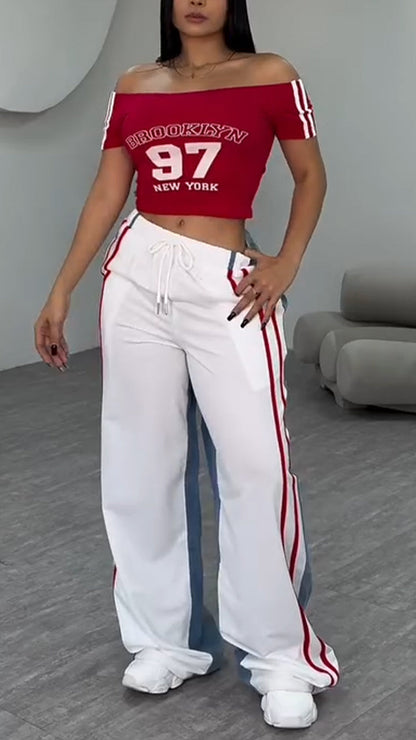 Ladies' One Word Collar Printed Letter Top+ Vertical Pattern Splicing Pants Casual Set - MYSTERYBOXS