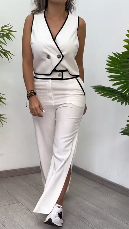 Ladies' V-neck Top+ Slit Pants Casual Suit - MYSTERYBOXS