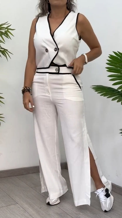 Ladies' V-neck Top+ Slit Pants Casual Suit - MYSTERYBOXS