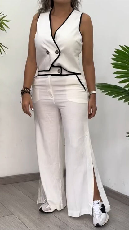 Ladies' V-neck Top+ Slit Pants Casual Suit - MYSTERYBOXS