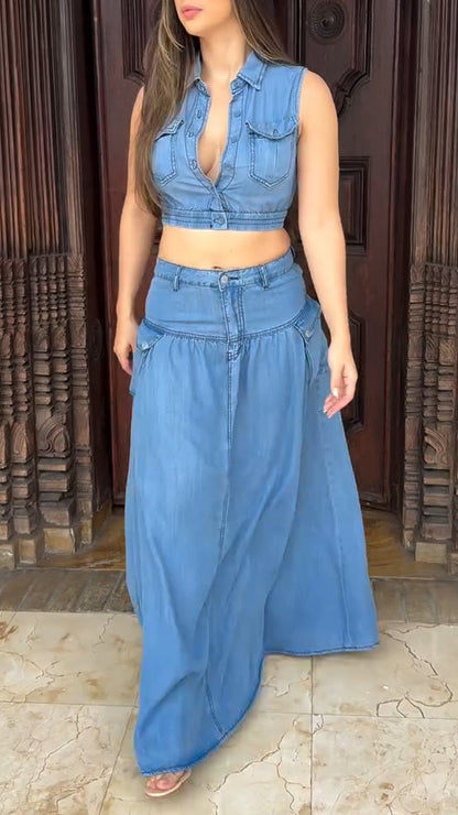 Ladies' Collar Patchwork Top+ Skirt Casual Set - MYSTERYBOXS