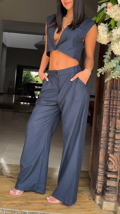 Women's Collar Vertical Stripe Low Collar Top+pants Temperament and Leisure Suit - MYSTERYBOXS