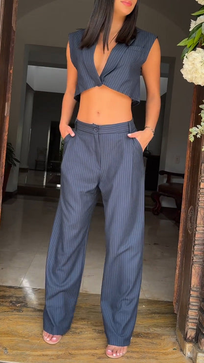 Women's Collar Vertical Stripe Low Collar Top+pants Temperament and Leisure Suit - MYSTERYBOXS
