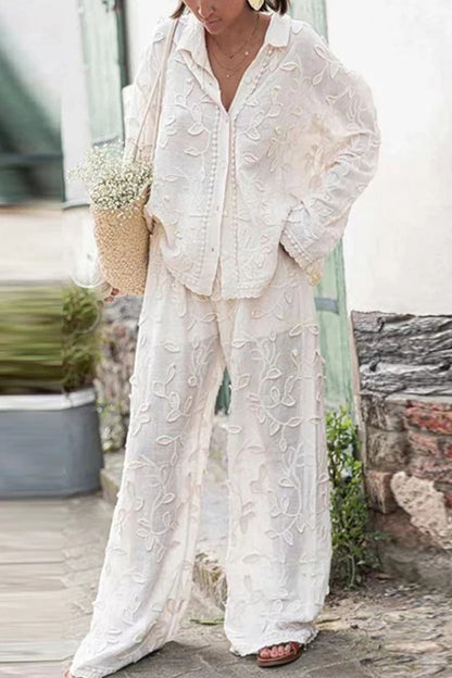 Women's Vacation Embroidered Shirt Wide Leg Pants Casual Two-piece Suit - MYSTERYBOXS