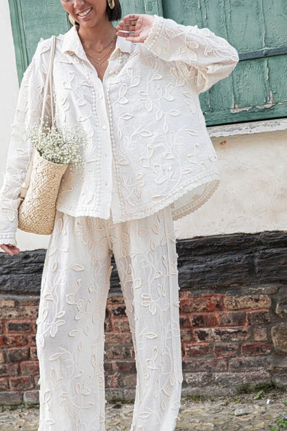 Women's Vacation Embroidered Shirt Wide Leg Pants Casual Two-piece Suit - MYSTERYBOXS