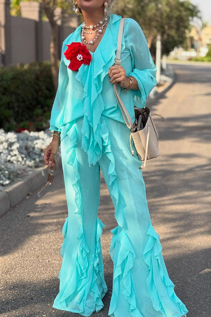 Women's Casual Ruffled V-Neck Long Sleeve Top Pants Two-Piece Set - MYSTERYBOXS
