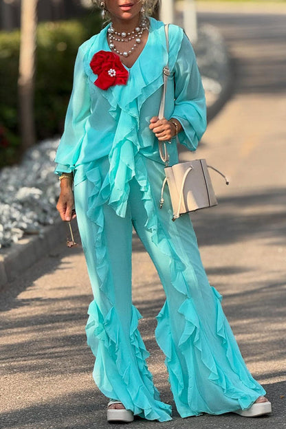 Women's Casual Ruffled V-Neck Long Sleeve Top Pants Two-Piece Set - MYSTERYBOXS