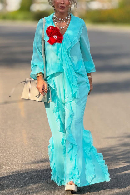 Women's Casual Ruffled V-Neck Long Sleeve Top Pants Two-Piece Set - MYSTERYBOXS