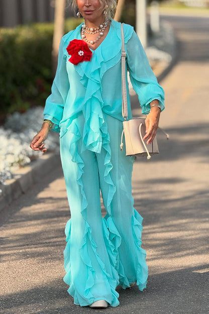 Women's Casual Ruffled V-Neck Long Sleeve Top Pants Two-Piece Set - MYSTERYBOXS