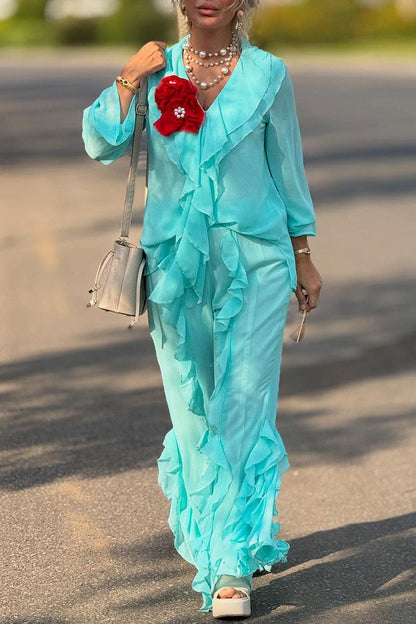Women's Casual Ruffled V-Neck Long Sleeve Top Pants Two-Piece Set - MYSTERYBOXS