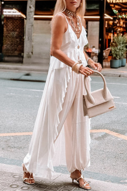 Women's Casual Vacation Ruffled Irregular Hem Suspender Top Wide Pants Two-piece Set - MYSTERYBOXS